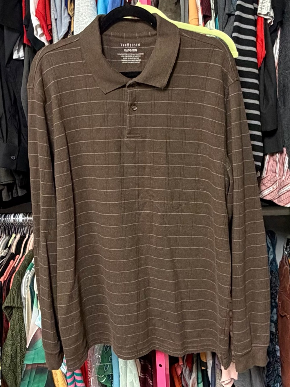 Van Heusen Vintage Men’s size XL long sleeve polo shirt Brown Pinstripe